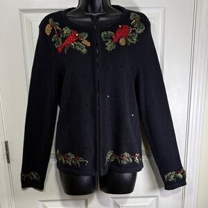 Vintage Tiara International Black Cardigan with Cardinal Embroidery Size Small